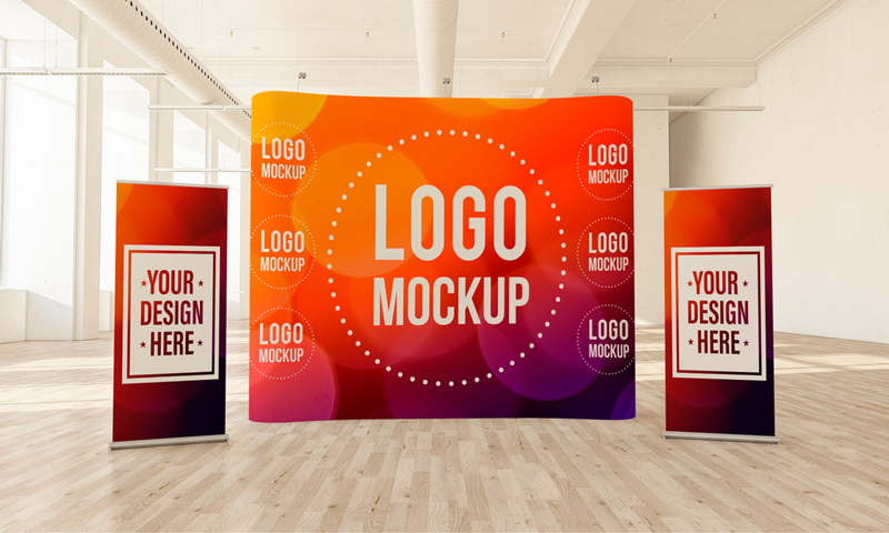 Curved Pop Up Banner and 2 Roll Up Banners in a Light Interior Mockup