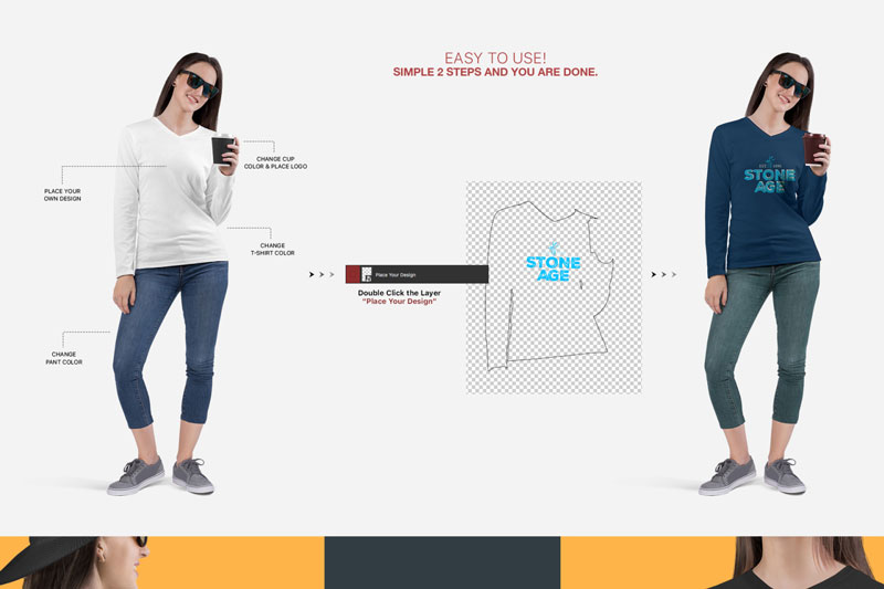 Women2527s V Neck Long Sleeve Shirt Mockup Set 1