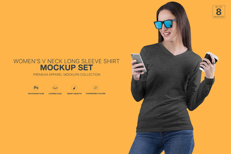 Women2527s V Neck Long Sleeve Shirt Mockup Set
