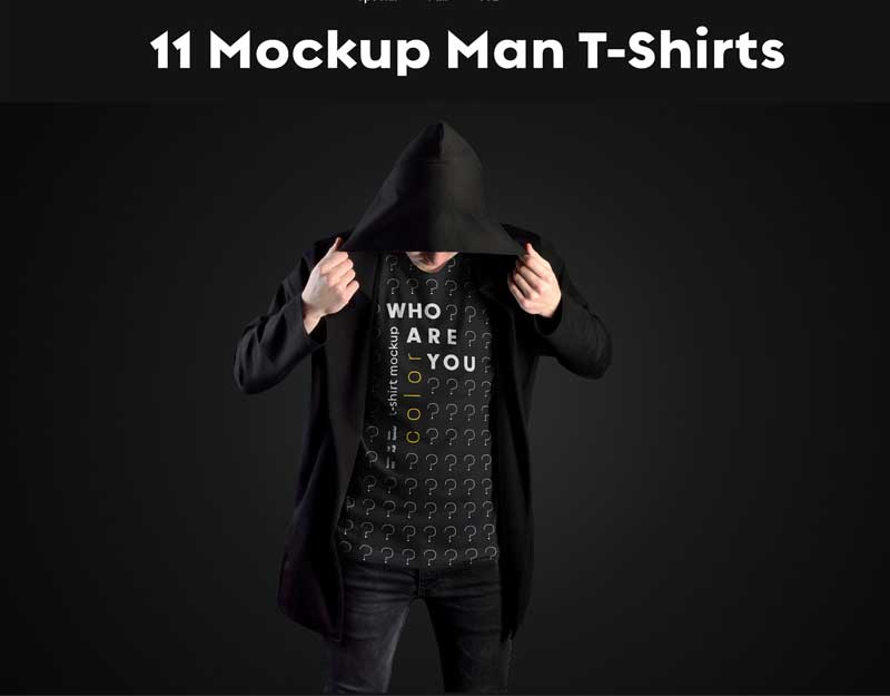 11 Mockups Man T Shirts in a Black Hood Mantle 1