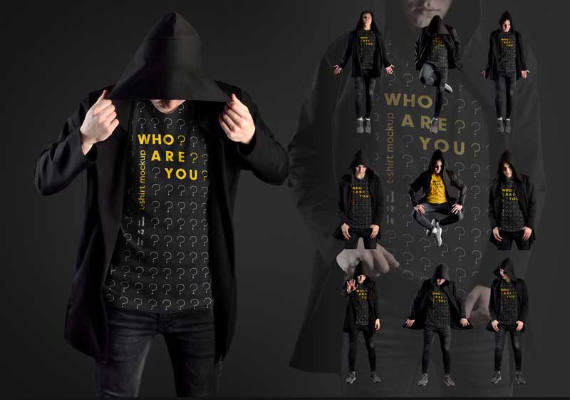 11 Mockups Man T Shirts in a Black Hood Mantle