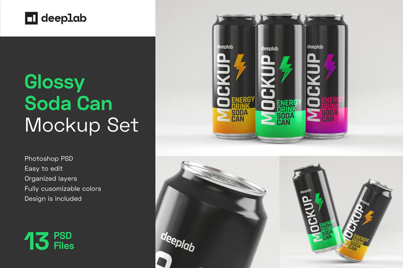 Glossy Soda Can Mockup Set 4489324
