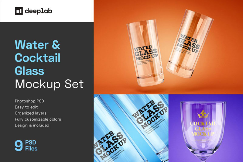 Water and Cocktail Glass Mockup Set 4774238