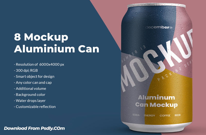 8 Mockup Aluminium Can 330 ml With Water drops