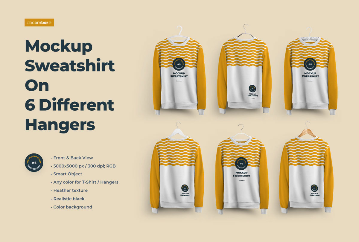 Front and Back Sweatshirt Mockup On 6 Different Hangers