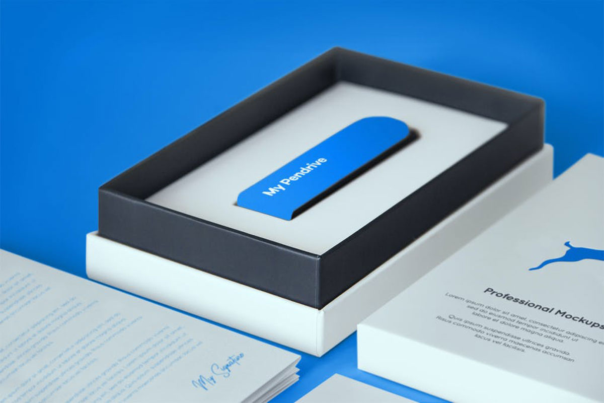 Open Product Box with Pendrive PSD Mockup