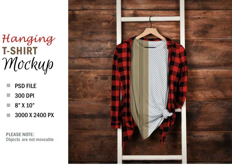 Mockup T-Shirt on Hanger Wood Wall-E5GJAJJ