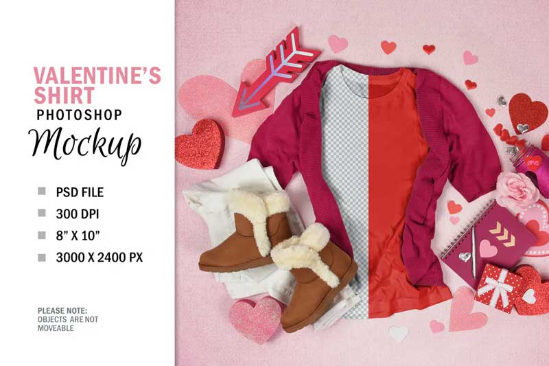Valentine's Day T-Shirt Mockup Top View Flatlay YWXD3XV