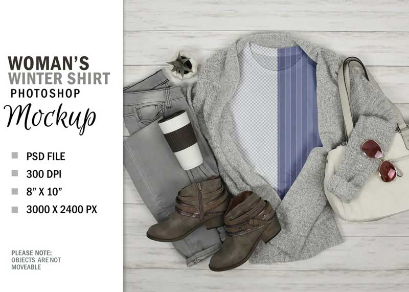Winter Woman's T-Shirt Mockup Flatlay