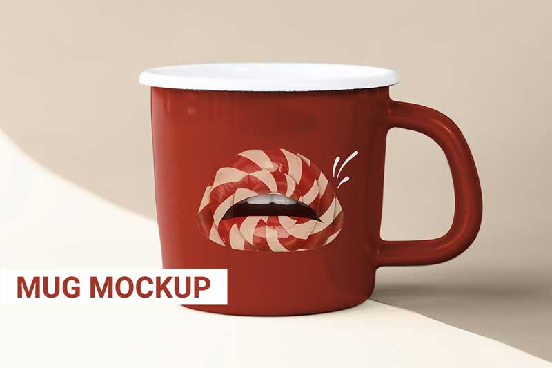 Red coffee mug mockup with cute lollipop lips