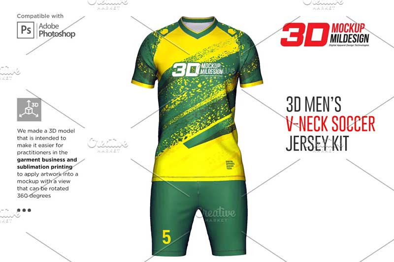 CreativeMarket - 3D Soccer Jersey V-Neck Kit Mockup 6198334