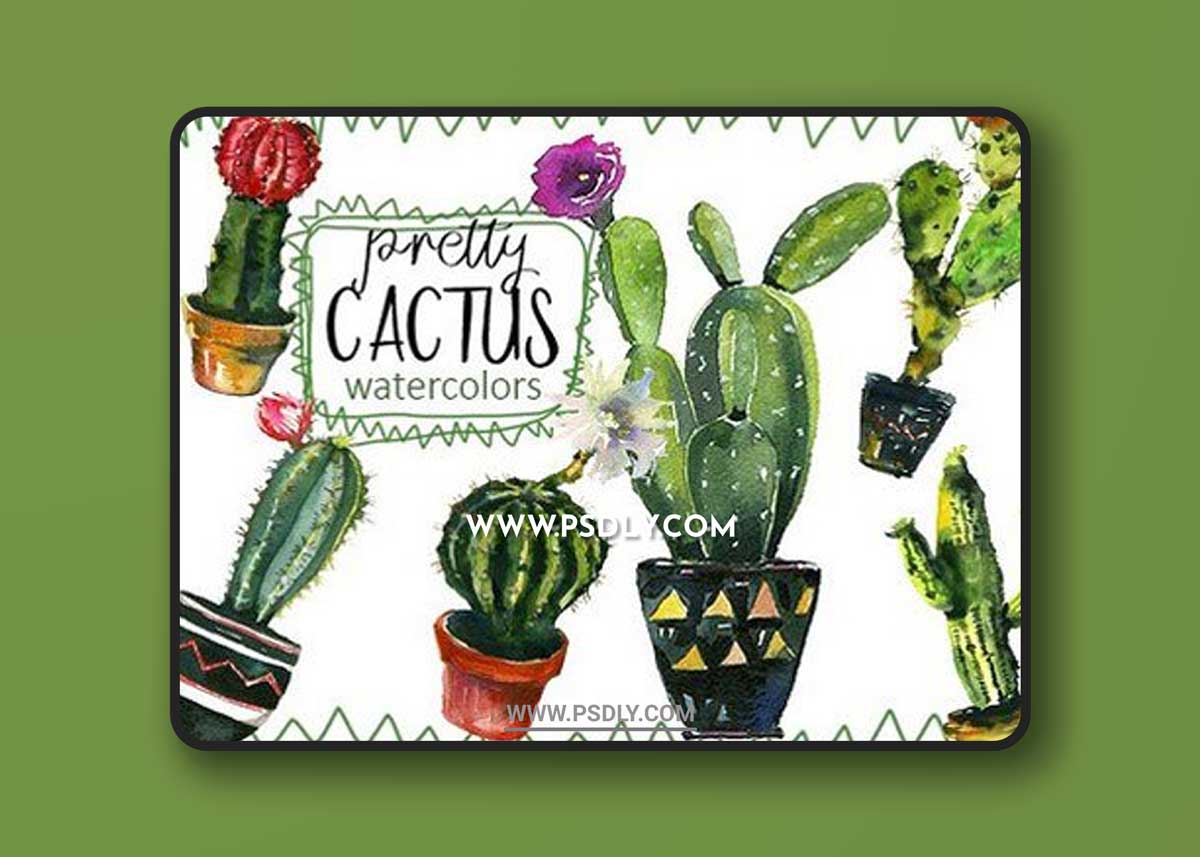 Pretty Cactus Watercolor Clipart Set