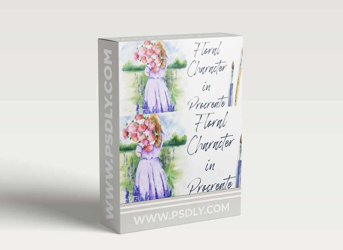 Watercolor Girl with Flowers in Procreate - Digital Landscape Illustration on iPad + free brushes