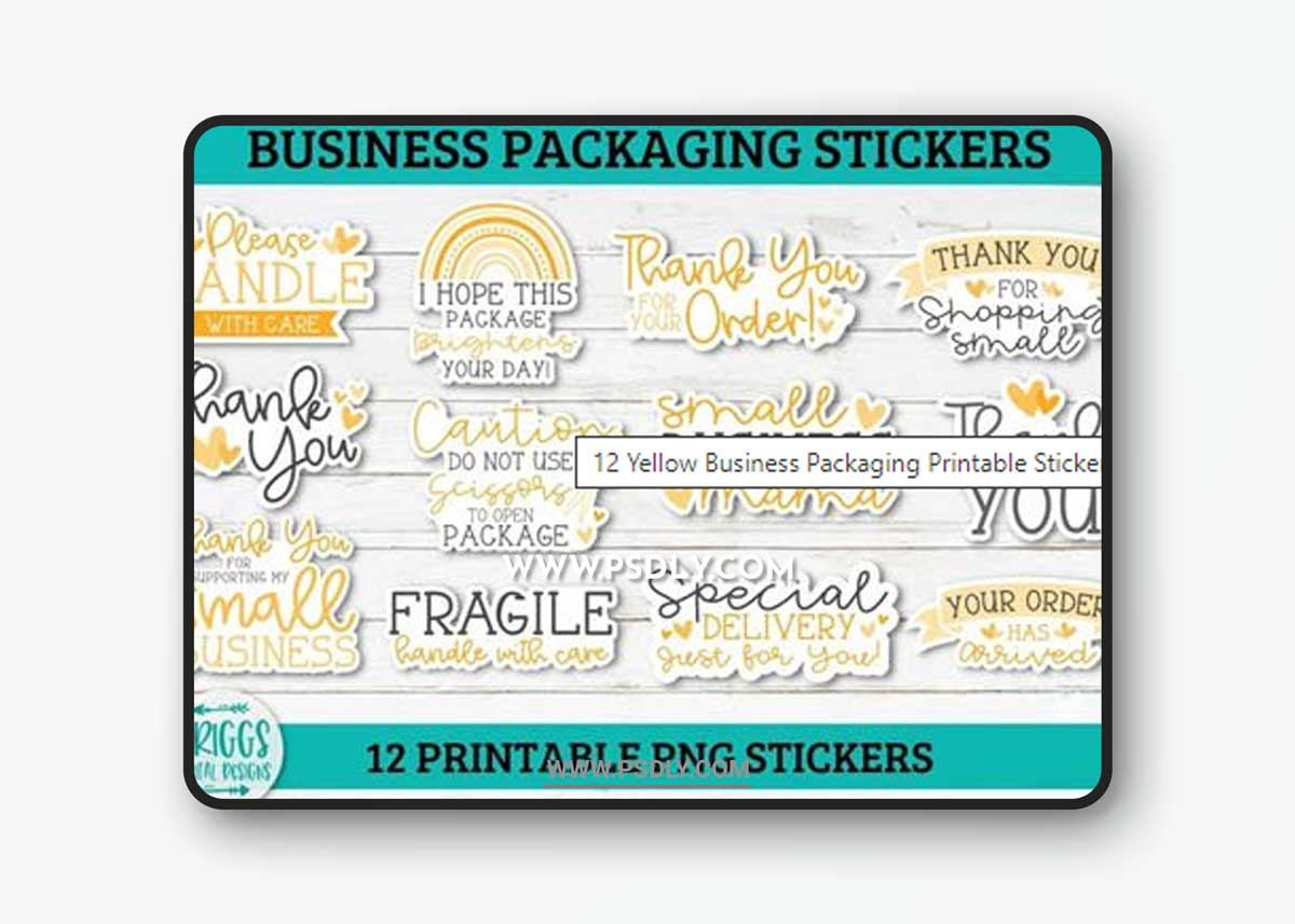 12 Yellow Business Packaging Printable Stickers PNG Bundle