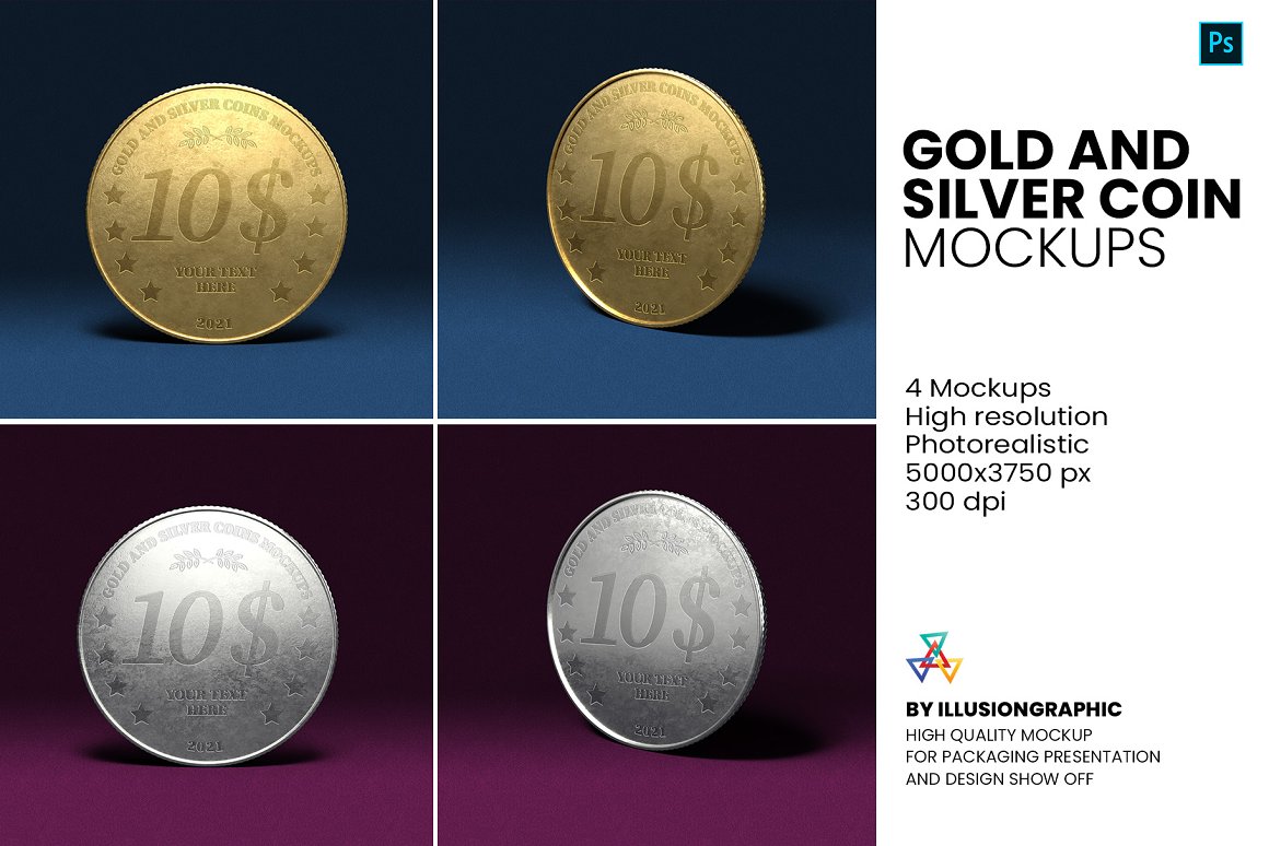 CreativeMarket - Gold and Silver Coin Mockups 5816380