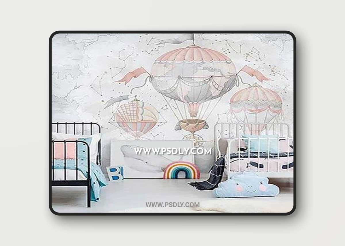 3D texture Air flying balloons and world map