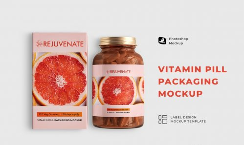 CreativeMarket - Glossy Vitamin Pill Packaging Mockup 6913789