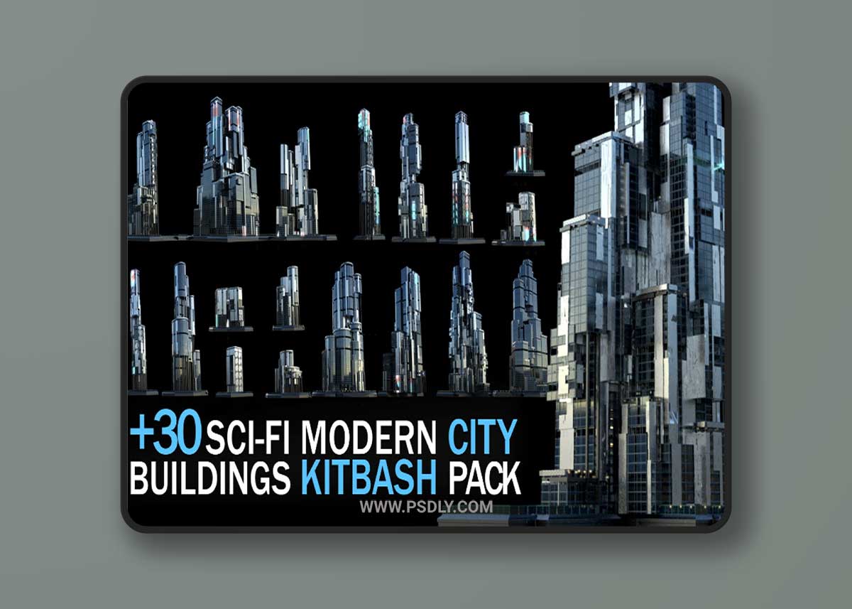 +30 Sci-Fi Modern City Buildings Kitbash Pack 3D Model