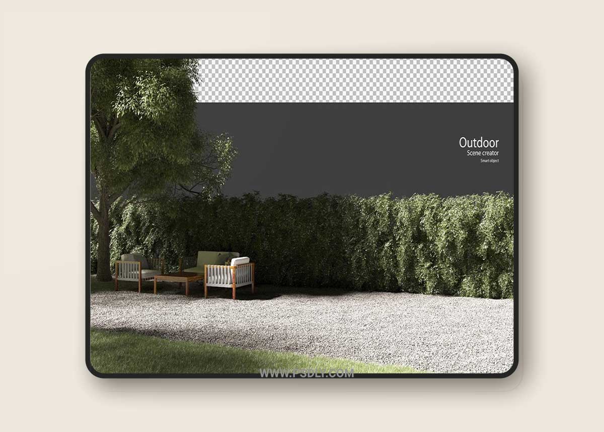 Out door furniture on gravel in 3d rendering Premium Psd