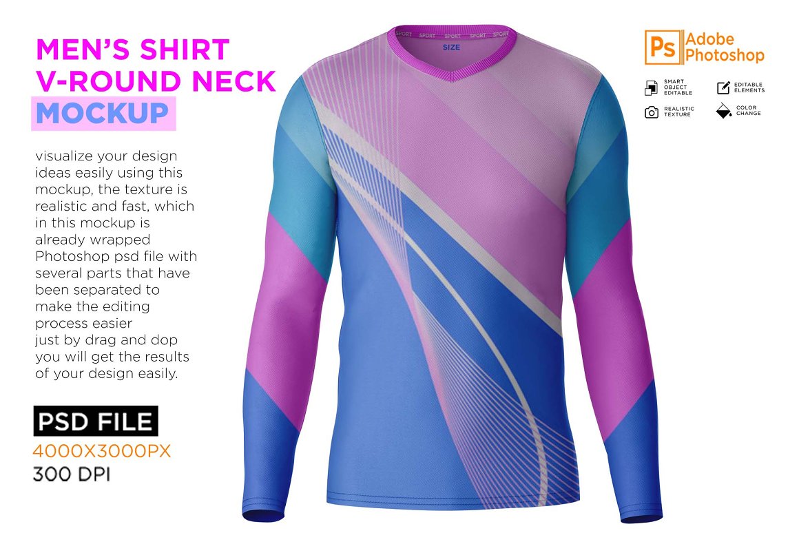 CreativeMarket - Men's T-Shirt Round V-Neck Mockup 7250091