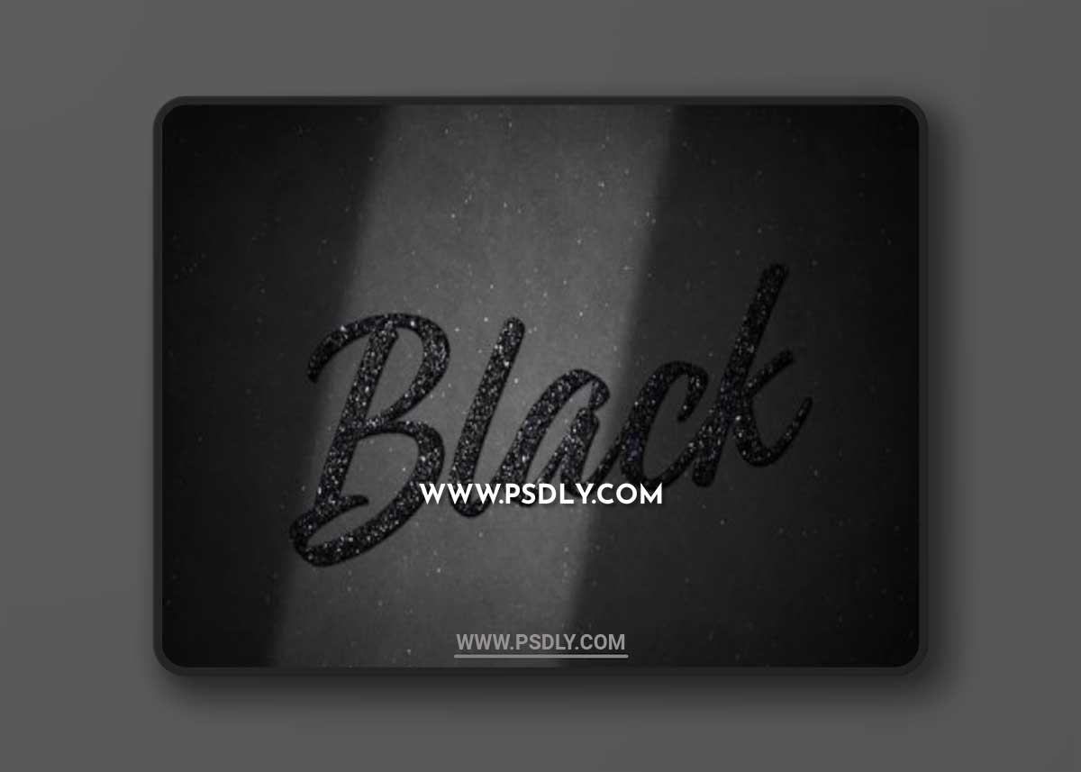 Black shining glitter text effect with shadow overlay