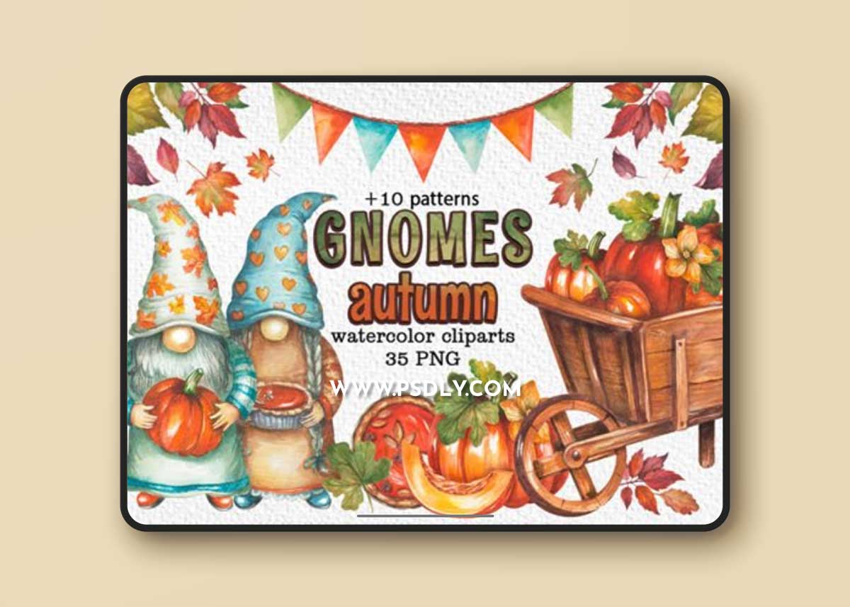 35 Watercolor Gnomes Autumn Cliparts + 10 Patterns