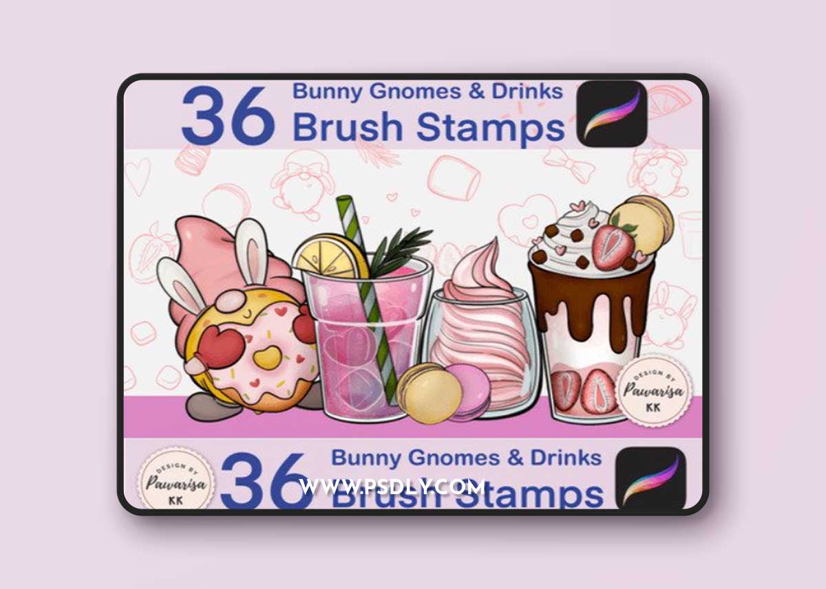 36 Procreate Stamp Bunny Gnome & Drink