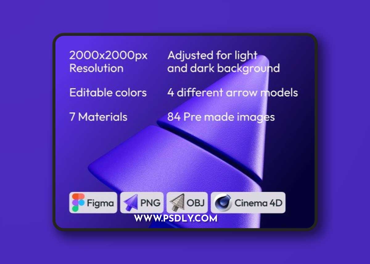 UI8 - 3D arrows, 4 shapes, 7 materials, PNG, Figma, C4D, OBJ