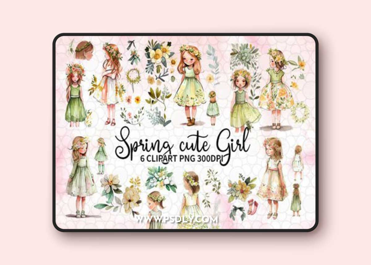 Watercolor Spring Cute Girl Clipart Bundle