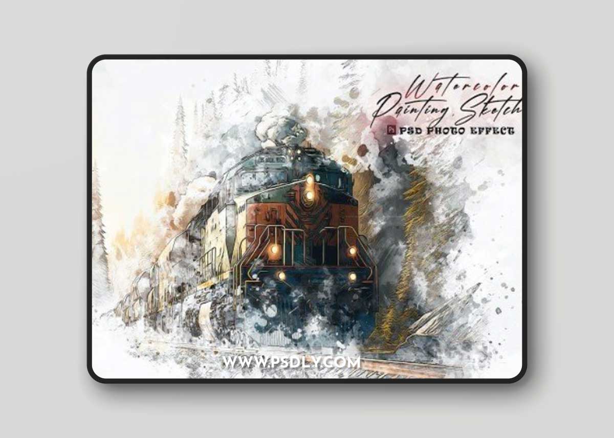 Watercolor painting sketch photo effect PSD