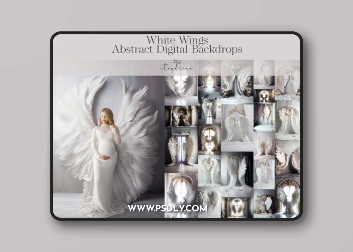 White Wings Abstract Digital Backdrops, White Angel Wings Maternity Backdrops, Dreamy Angel Wing Overlays for Photoshop
