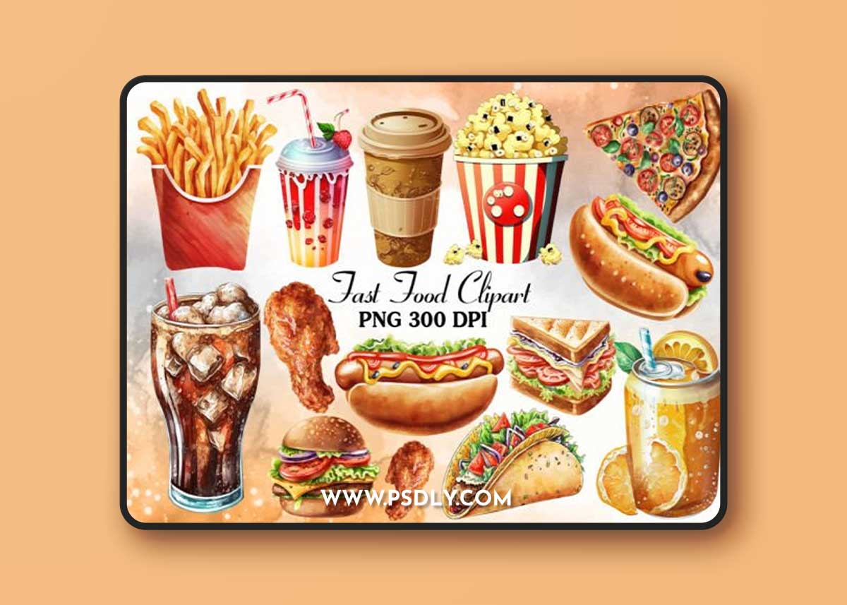 Watercolor Fast Food Clipart Bundle