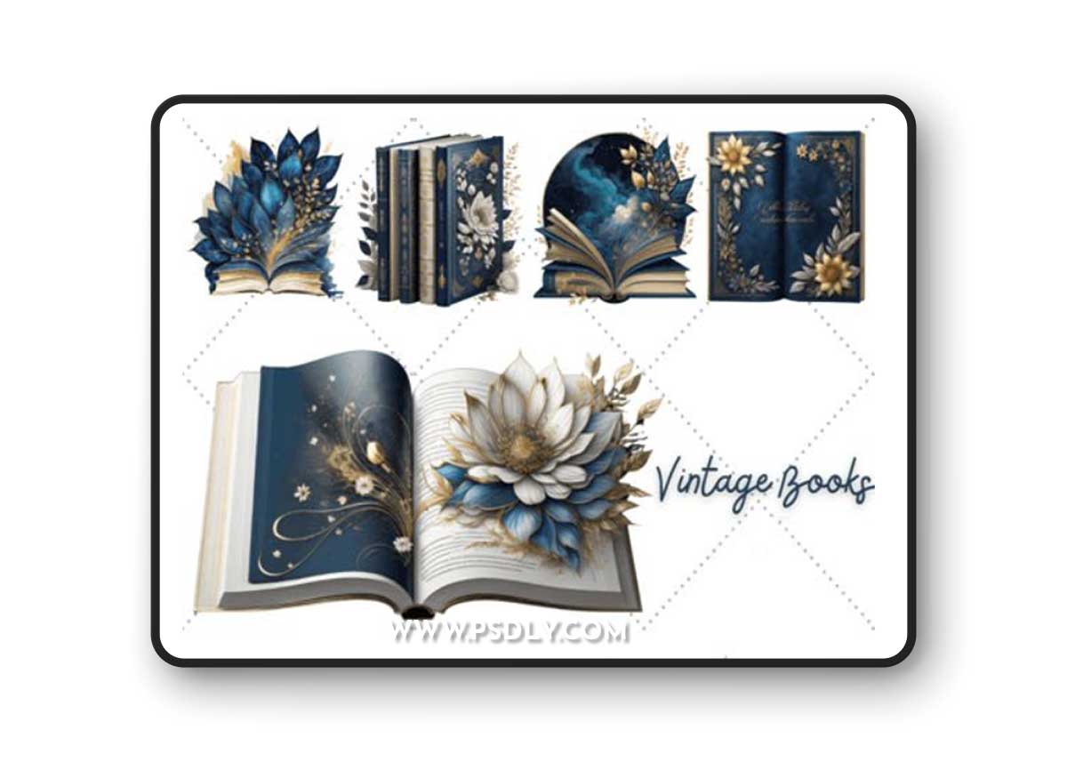 Vintage Floral Books PNG Clipart Bundle