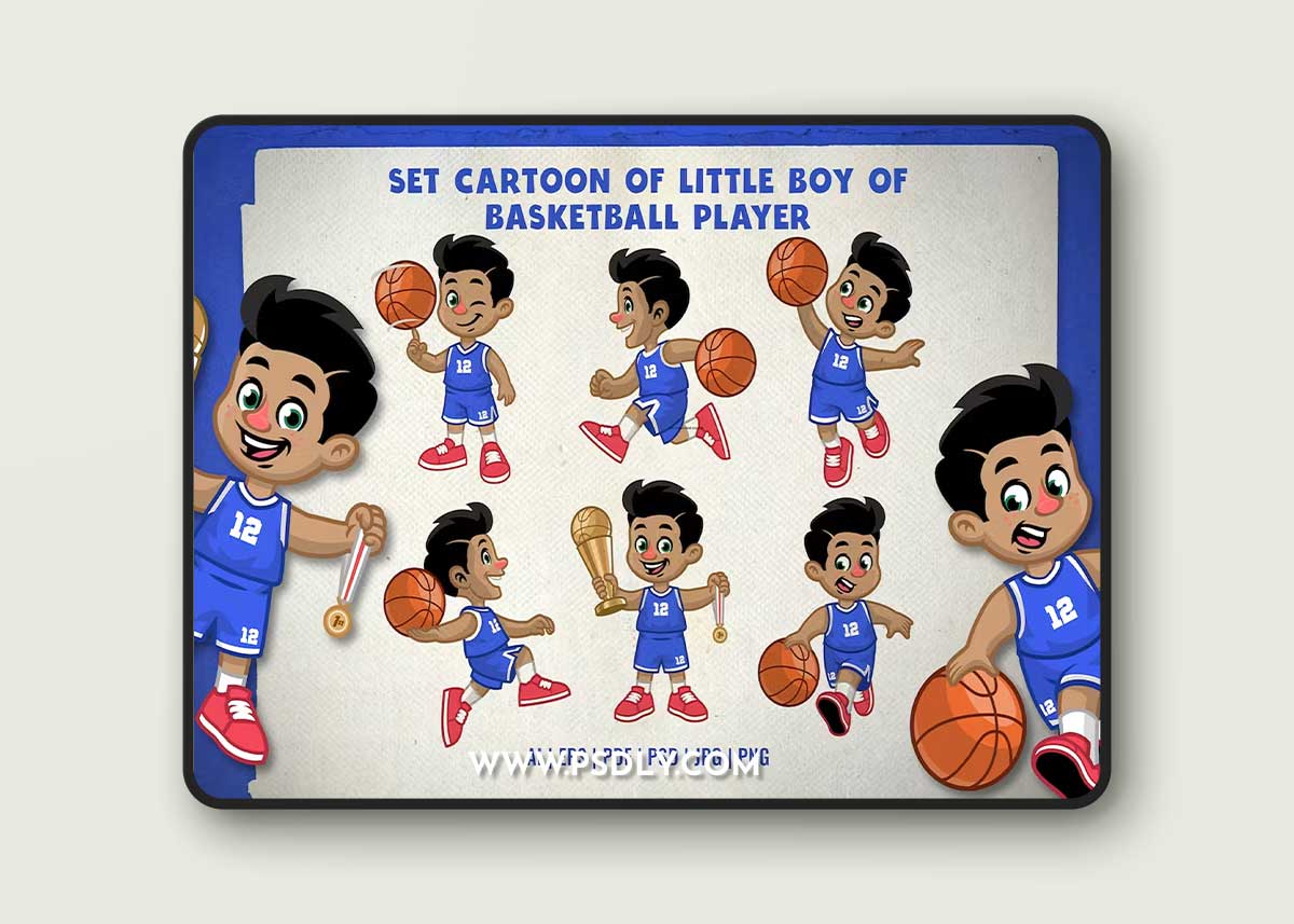 Set Cartoon of Little Boy of Basketball Player RVS9G9M