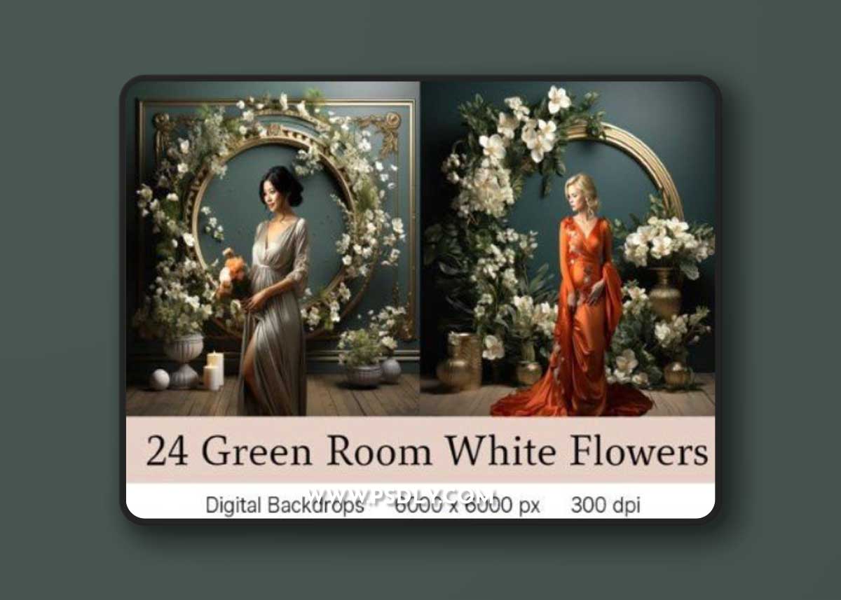 24 Green Room White Flowers Backdrops