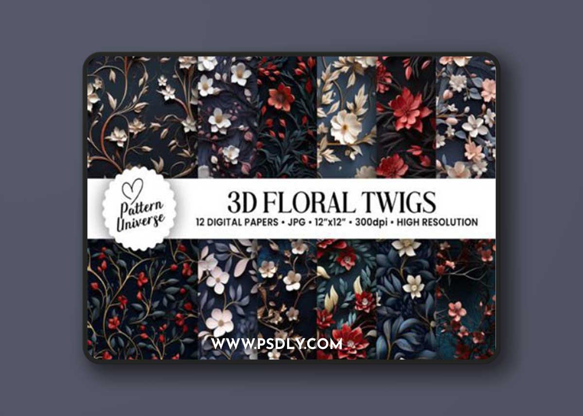 3D Floral Twigs Seamless Patterns