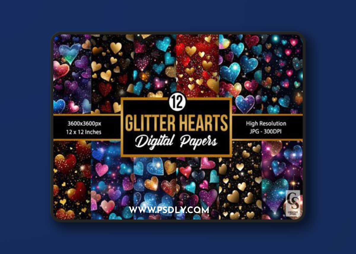 12 Glittery Hearts Patterns Pack