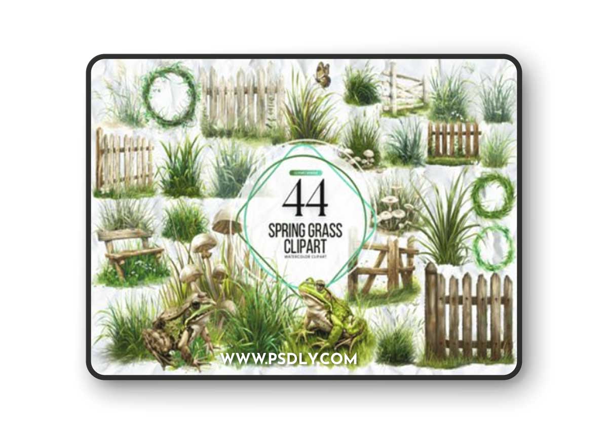 44 Watercolor Spring Grass Clipart Pack