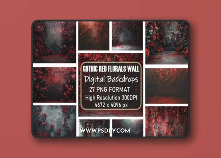 Gothic Red Flowers Wall Digital Backdrop Bundle 1 Gothic Red Flowers Wall Digital Backdrop Bundle