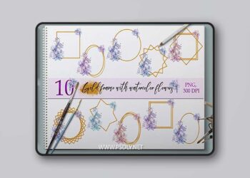 Set of gold Frames with watercolor flowers