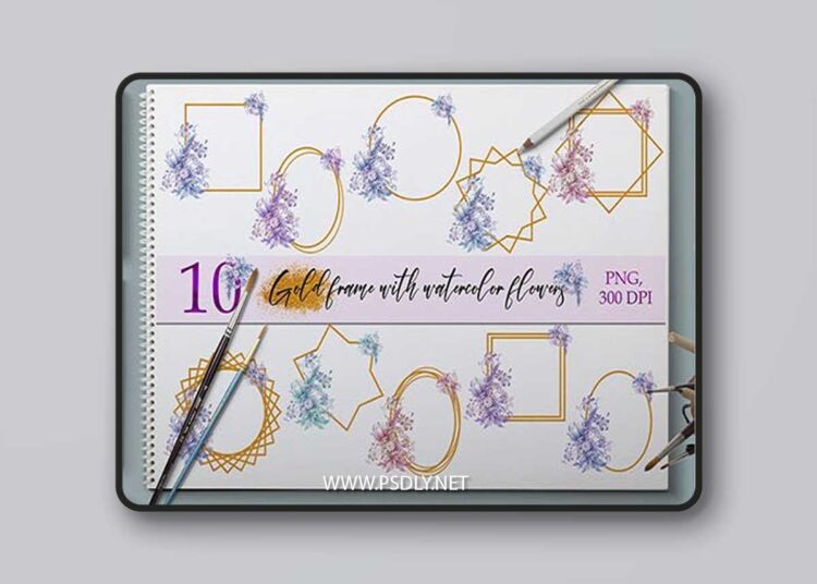 Set of gold Frames with watercolor flowers 1 Set of gold Frames with watercolor flowers