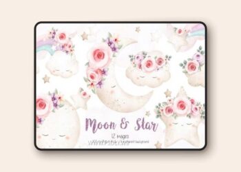 Vintage Moon Star and Cloud Clipart 3 Vintage Moon Star and Cloud Clipart